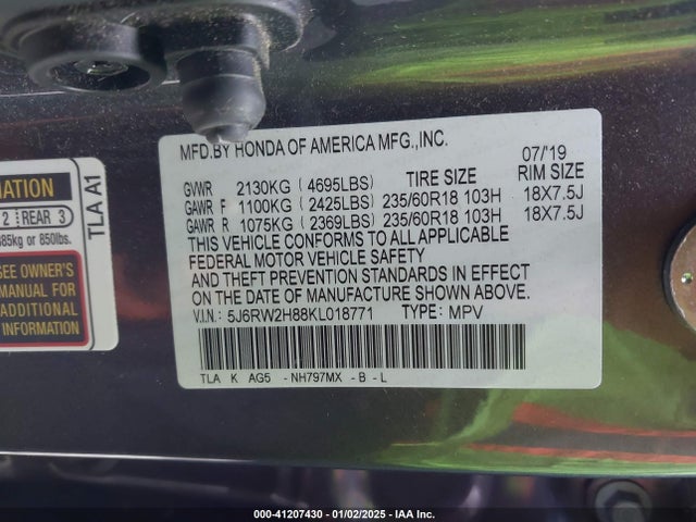 Honda Cr-v Ex-l 2019 5J6RW2H88KL018771 Image 9