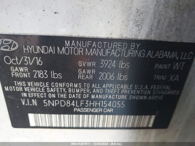 5NPD84LF3HH154055 Hyundai ELANTRA SE