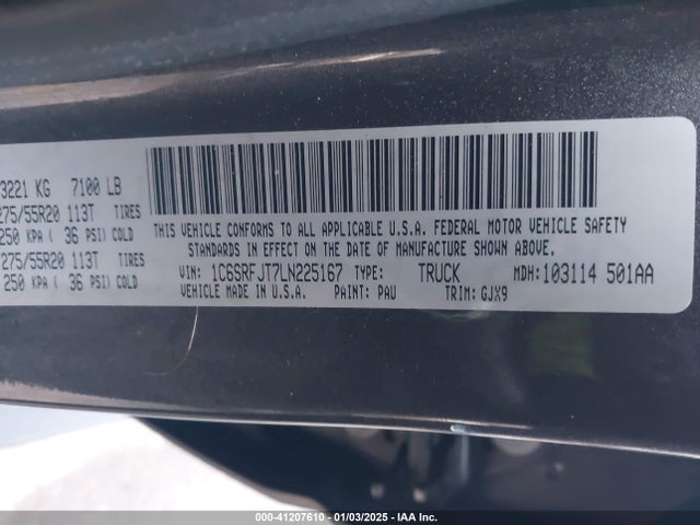 1C6SRFJT7LN225167 RAM 1500 Laramie  4x4 5'7 Box