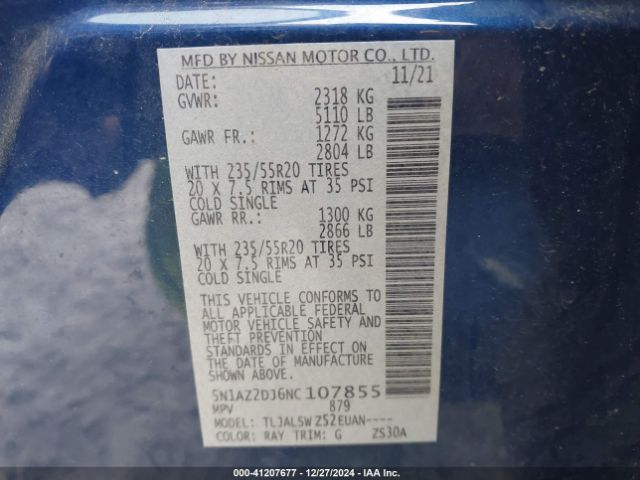 5N1AZ2DJ6NC107855 Nissan Murano Platinum Fwd