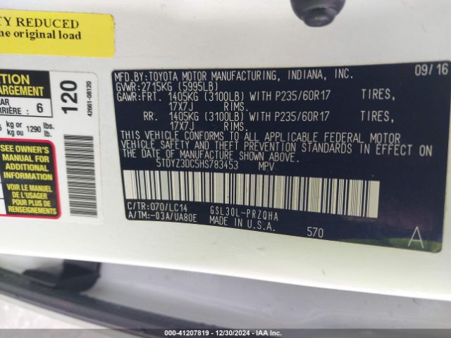 5TDYZ3DC5HS783453 Toyota Sienna Xle 8 Passenger