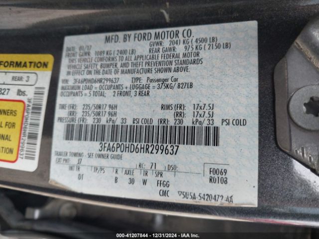 3FA6P0HD6HR299637 Ford FUSION SE