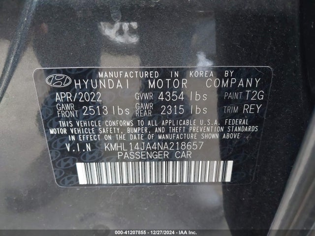 Hyundai SONATA SEL 2022 KMHL14JA4NA218657 Image 9