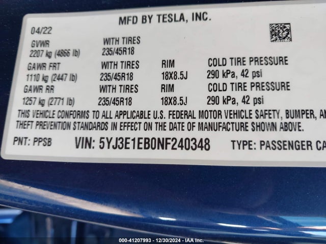 2022 TESLA MODEL 3 5YJ3E1EB0NF240348 Photo 8