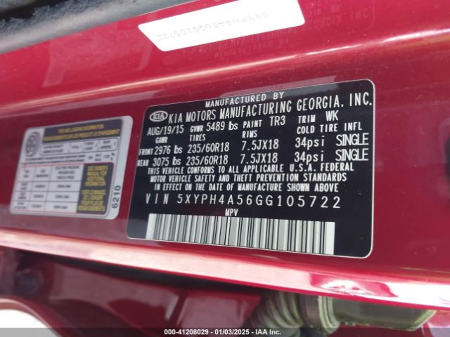 5XYPH4A56GG105722 KIA Sorento 3.3l Ex