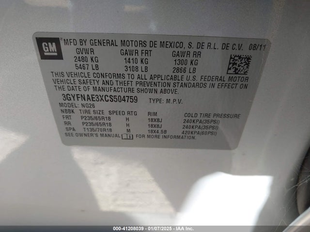 2012 CADILLAC SRX 3GYFNAE3XCS504759 Photo 8