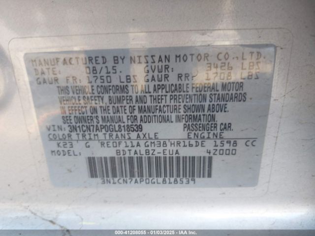 3N1CN7AP0GL818539 Nissan Versa