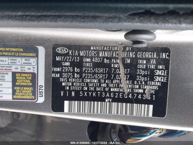 KIA SORENTO LX 2014 5XYKT3A62EG474361 Image 9