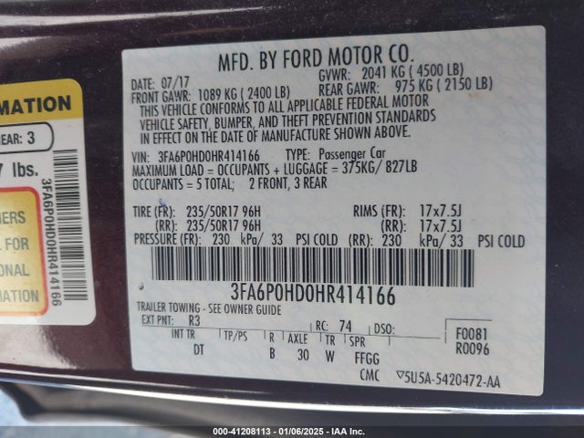 Ford FUSION SE 2017 3FA6P0HD0HR414166 Image 9