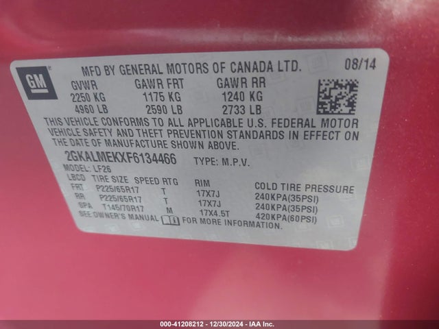GMC Terrain Sle-1 2015 2GKALMEKXF6134466 Image 9