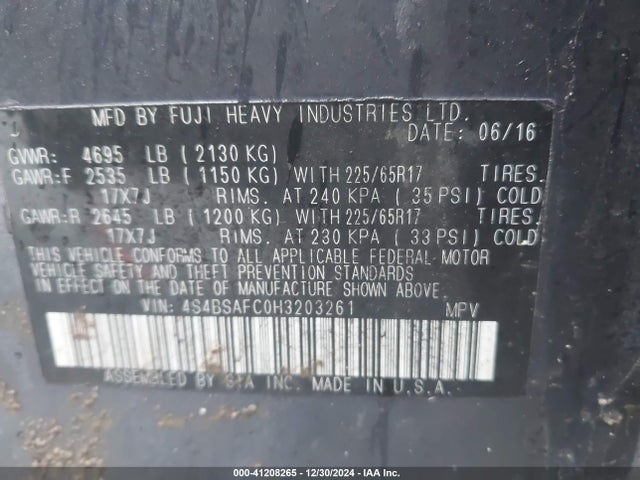 Subaru Outback 2.5i Premium 2017 4S4BSAFC0H3203261 Image 9