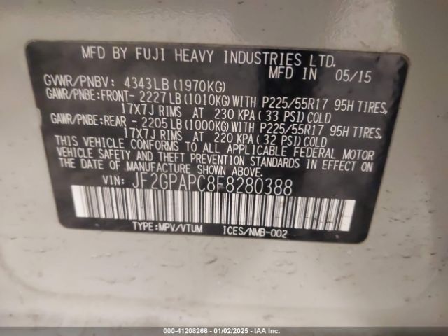 JF2GPAPC8F8280388 Subaru Xv Crosstrek 2.0i Limited
