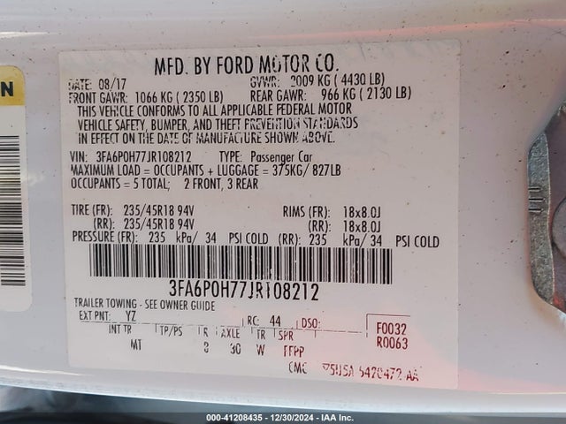 Ford FUSION SE 2018 3FA6P0H77JR108212 Image 9