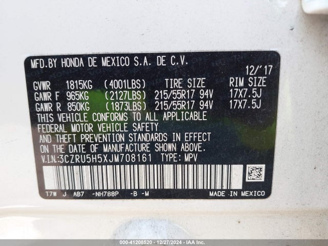 Honda HR-V EX 2018 3CZRU5H5XJM708161 Image 9