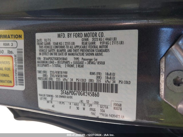 Ford FUSION S 2016 3FA6P0G70GR245860 Image 9