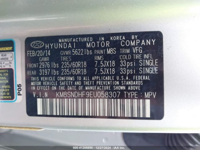KM8SNDHF9EU058307 Hyundai Santa Fe Gls