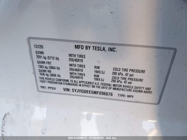 2021 TESLA MODEL Y 5YJYGDEE5MF096676 Photo 8