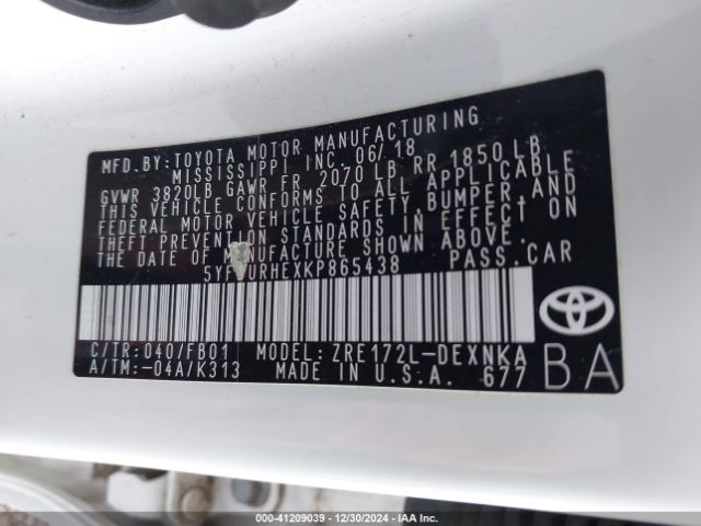 5YFBURHEXKP865438 Toyota Corolla L/le/xle/se/xse