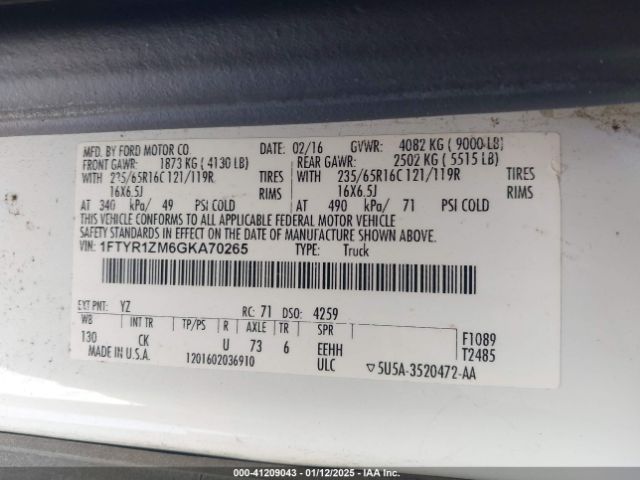1FTYR1ZM6GKA70265 Ford Transit T-250