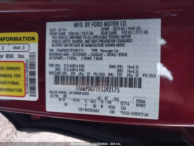 1FA6P0G77E5392175 Ford FUSION S