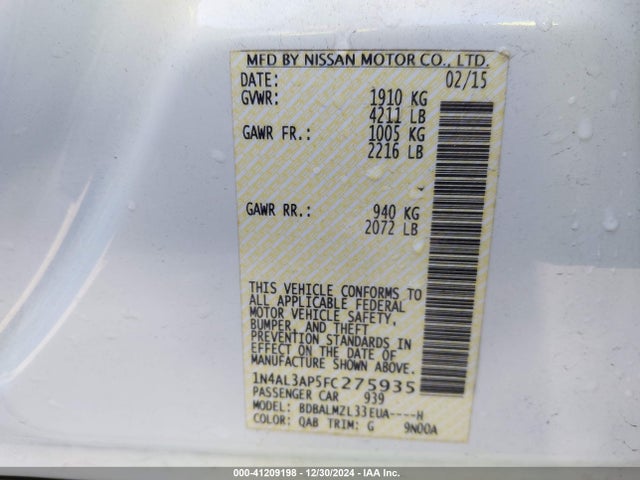 Nissan Altima 2.5 Sv 2015 1N4AL3AP5FC275935 Image 9