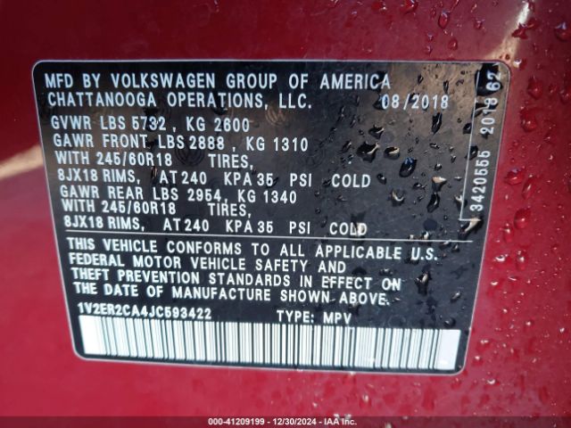 1V2ER2CA4JC593422 Volkswagen Atlas 3.6l V6 Sel