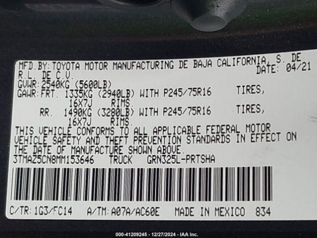 3TMAZ5CN8MM153646 Toyota Tacoma Sr5 V6