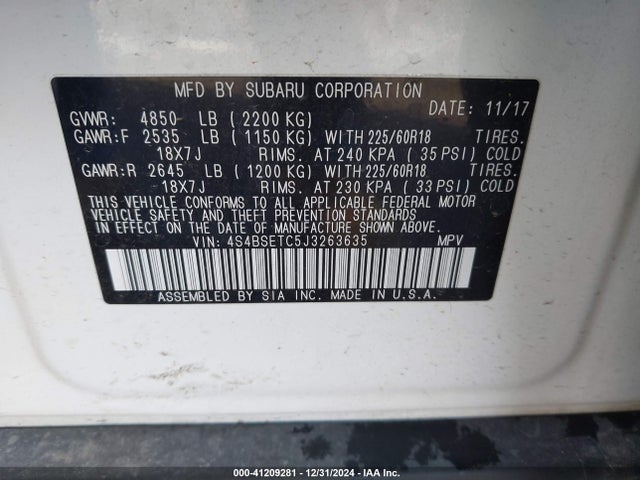 Subaru u4 2018 4S4BSETC5J3263635 Image 9