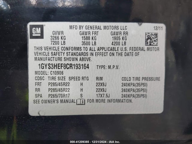 2012 CADILLAC ESCALADE 1GYS3HEF8CR193164 Photo 8