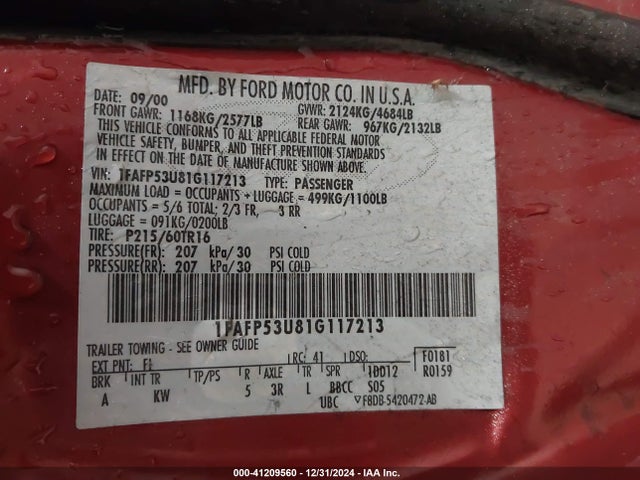 Продажа на аукционе авто 2001 Ford Taurus Se, vin: 1FAFP53U81G117213, номер лота: 41209560