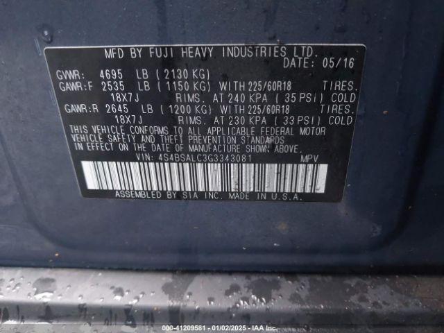 4S4BSALC3G3343081 Subaru Outback 2.5i Limited
