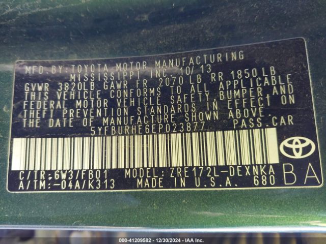 5YFBURHE6EP023877 Toyota Corolla L/le/le Pls/prm/s/s Pls