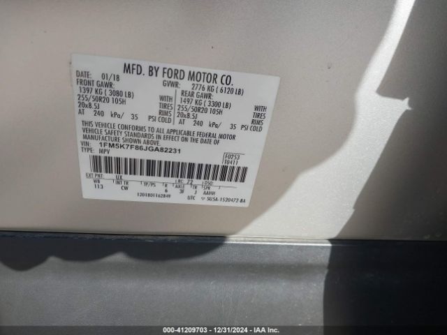 1FM5K7F86JGA82231 Ford Explorer Limited