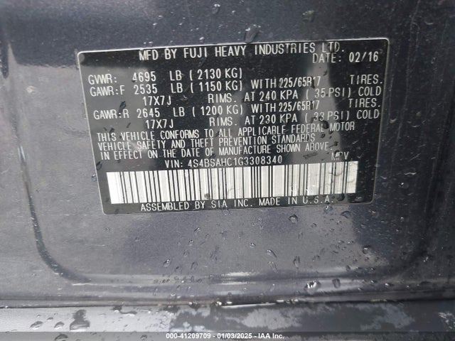 Subaru Outback 2.5i Premium 2016 4S4BSAHC1G3308340 Image 9