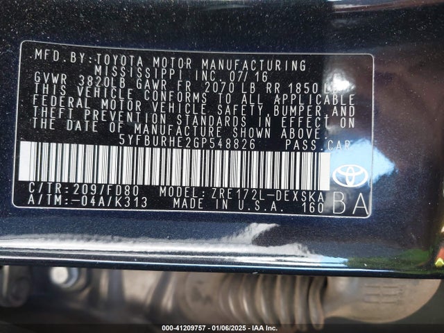 5YFBURHE2GP548826 Toyota Corolla L/le/le Pls/prm/s/s Pls
