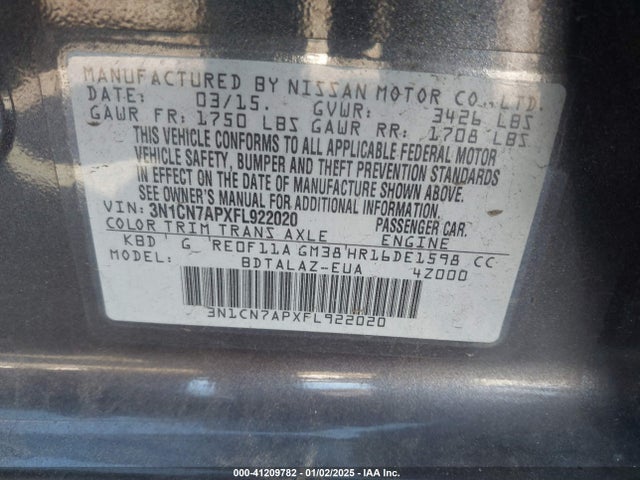 Nissan Versa S/s Plus/sv/sl 2015 3N1CN7APXFL922020 Image 9