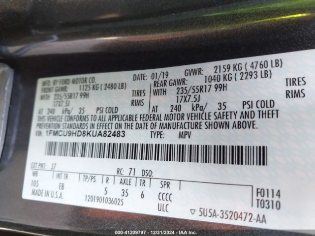 1FMCU9HD8KUA82483 Ford ESCAPE SEL
