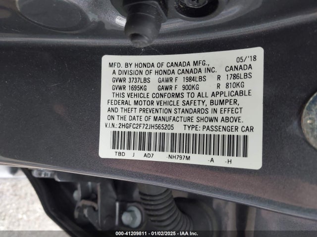 Honda CIVIC EX 2018 2HGFC2F72JH565205 Image 9