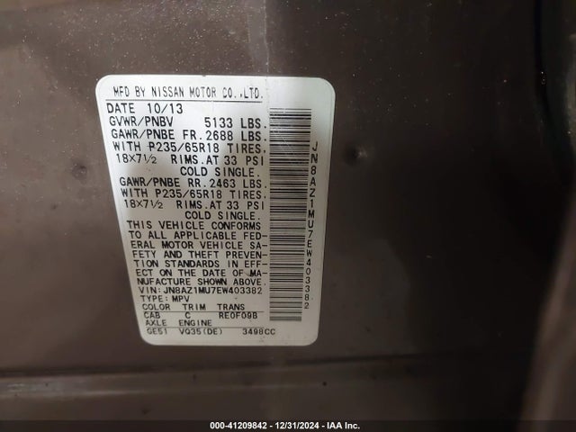 JN8AZ1MU7EW403382 Nissan Murano S/sl/sv/le