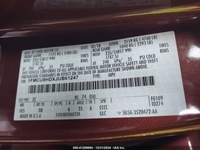 1FMCU9HDXJUB61247 Ford ESCAPE SEL
