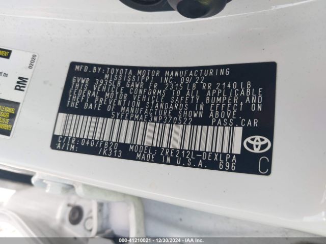5YFEPMAE3NP370522 Toyota COROLLA LE