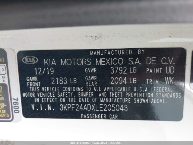 3KPF24ADXLE205043 KIA FORTE FE