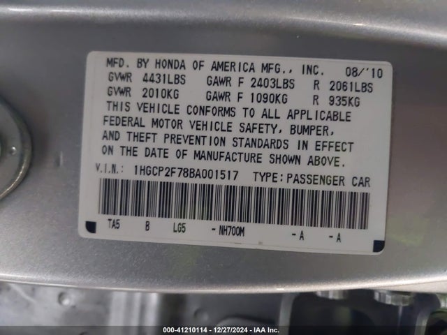 Aukcja sprzedaży 2011 Honda Accord 2.4 Ex, vin: 1HGCP2F78BA001517, numer aukcji: 41210114