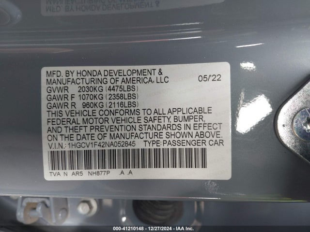 1HGCV1F42NA052845 Honda Accord Sport Se