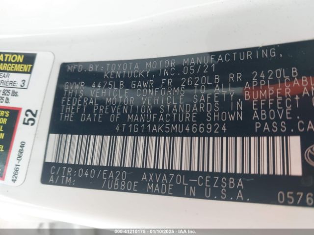 4T1G11AK5MU466924 Toyota CAMRY SE