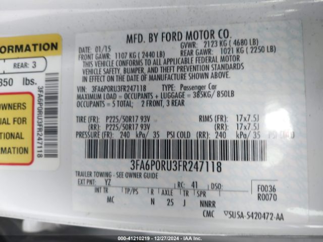 3FA6P0RU3FR247118 Ford Fusion Hybrid Titanium