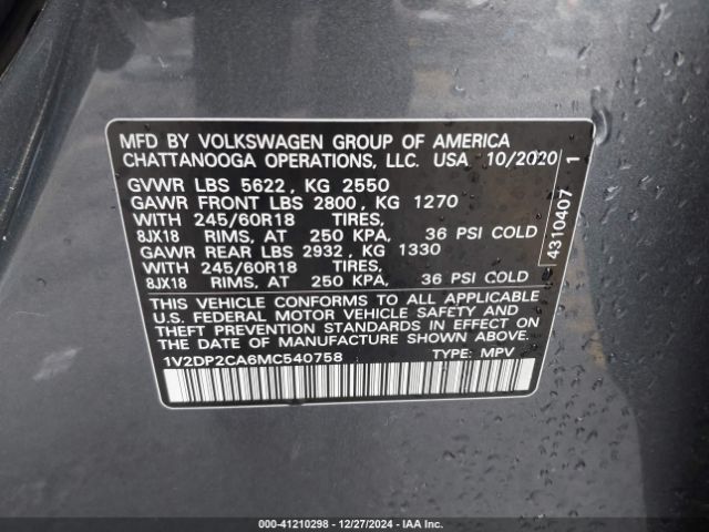 1V2DP2CA6MC540758 Volkswagen Atlas 2.0t Se