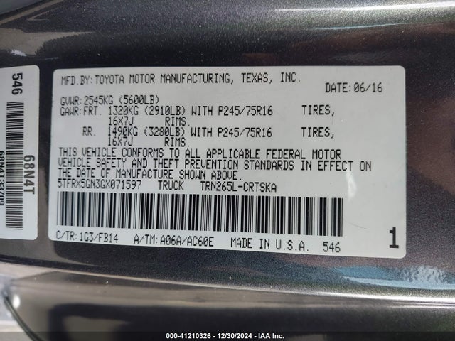 Toyota Tacoma Sr 2016 5TFRX5GN3GX071597 Image 9