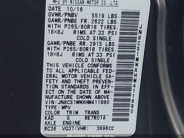 JN8CS1MWXHM411880 Infiniti QX70