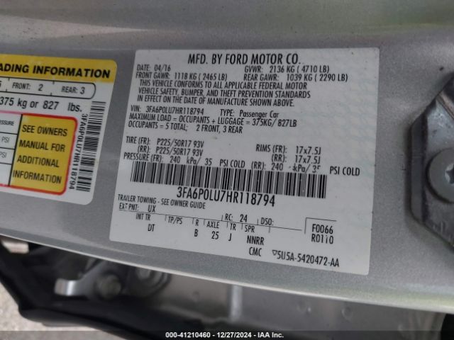 3FA6P0LU7HR118794 Ford Fusion Hybrid Se